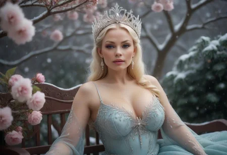 1female, 45 years old, Chubby, snub nose, Silvia saint look, ntrl breasts, (delicate face, beautiful eyes, natural, eye contact), princess, ((tiara, dryad, intricate, pears, diamonds, flowers), (snowflakes on her hair and dress), colorful, highly detailed skin with visible pores, snow falling, snow everywhere, snow on the bench and on her feet, frost in the air, sitting sideways, legs apart, on a Royal bench in a mystic flower garden, full body photo, scenic, shallow depth of field, vignette, highly detailed, high budget Hollywood film, bokeh, cinemascope, moody, epic, gorgeous, film grain, Canon EOS R,Canon RF 85mm F1.2L USM, ISO 100
