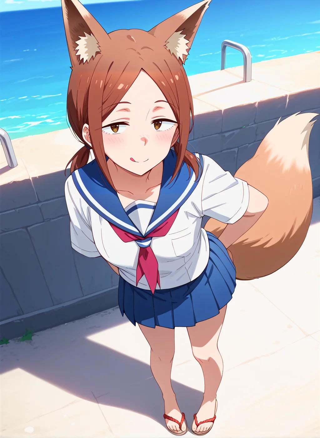 score_9,score_8_up,score_7_up,source_anime,anime,nsfw,rating_explicit,uncensored,High quality,Ultra detailed,best quality,insanely detailed,beautiful,masterpiece,perfect lighting BREAK
<lora:kuroiwa_yuki_V1:1>,(kuroiwa_yuki, brown hair, brown eyes, medium hair,low twintails, sidelocks,summer uniform,sailor collar, white shirt,short sleeves, blue skirt, pleated skirt, barefoot,sandals),1girl,solo,naughty_face,standing,outdoors,embankment,sea,looking_at_viewer,from_above,fox ears,fox tail,