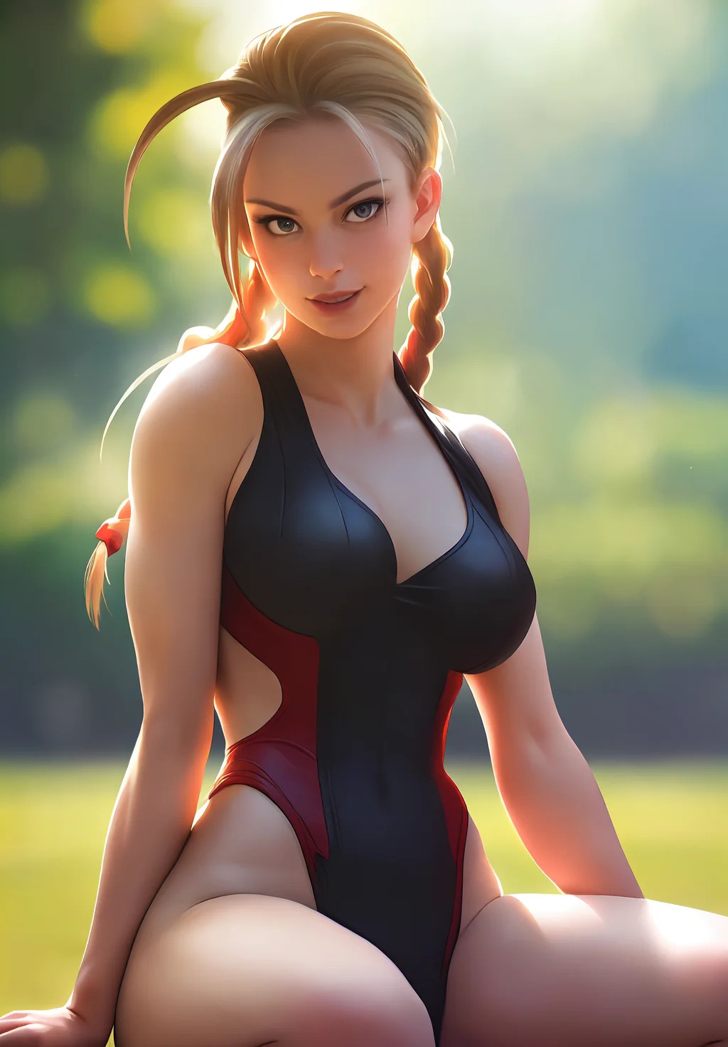 (Photo:1.3), highdetail, <lora:cammy_white:0.8>, cammy_white, 1girl, solo, smirk, sitting,, Dark red, gray, and black colors, vibrant colors, (summer, sunny weather:1.3), medium intensity lighting, (Soft focus:1.3), (acclaimed, alluring, captivating, exciting, gorgeous, striking:1.3), (ultra realistic, sharp focus:1.3)