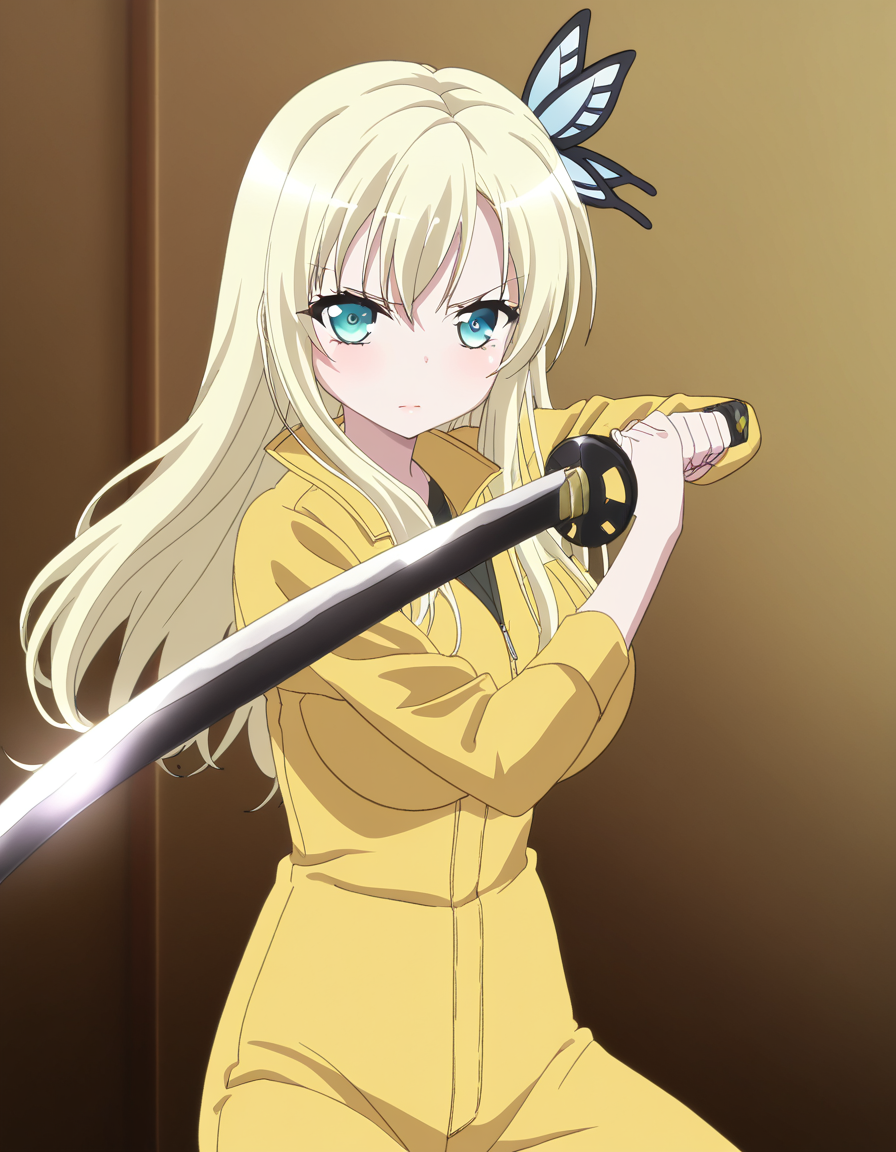 masterpiece, best quality, newest, absurdres, highres, safe,, <lora:sena-kashiwazaki-s2-ponyxl-lora-nochekaiser:1>, sena kashiwazaki, long hair, blonde hair, hair ornament, aqua eyes, butterfly hair ornament, large breasts, anime screencap, <lora:sword-guard-stance-illustriousxl-lora-nochekaiser:1>, sword guard stance, sword, weapon, solo, katana, holding, holding weapon, holding sword, looking at viewer, jumpsuit, yellow jumpsuit, high collar, cowboy shot, pants,, ,