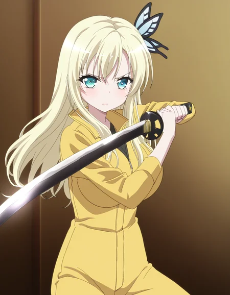 masterpiece, best quality, newest, absurdres, highres, safe,, <lora:sena-kashiwazaki-s2-ponyxl-lora-nochekaiser:1>, sena kashiwazaki, long hair, blonde hair, hair ornament, aqua eyes, butterfly hair ornament, large breasts, anime screencap, <lora:sword-guard-stance-illustriousxl-lora-nochekaiser:1>, sword guard stance, sword, weapon, solo, katana, holding, holding weapon, holding sword, looking at viewer, jumpsuit, yellow jumpsuit, high collar, cowboy shot, pants,, ,
