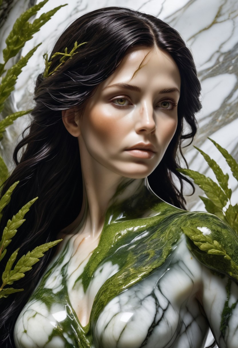<lora:MarbleStyle:1>, Jed-mrbl, stylized by Magali Villeneuve, illustration art, Oil painting, awardwinning Photograph, Cosplay Photograph, fauna, (Willow:1.3) , Exquisite, it is detailed with Moss patterns, film grain, Fujifilm XT3, 50mm, dynamic cinematic color, highly contrasted, highly enhanced, detailed, beautiful detailed supreme quality color intricate, winning, grand illumination, fantastic aesthetic, long black hair, large breasts, 50 yr old woman