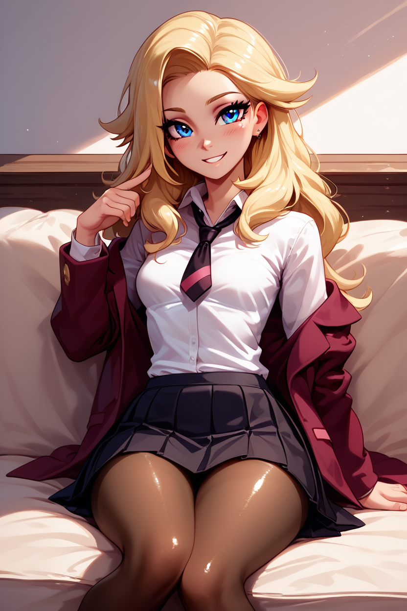 score_9, score_8_up, score_8, medium breasts, (curvy), cute, eyelashes,       ,,, , ,,, zzLss, blue eyes, blonde hair, long hair,  shirt, necktie, jacket, school uniform, white shirt, long sleeves, black necktie, collared shirt, blazer, black skirt, black pantyhose,  <lora:Lass_Pokemon_PDXL:0.8>,     ,,,, BREAK, ,,, smile, looking at viewer, blush, blurry, couch, sitting, ,,, shiny skin, <lora:ProAnime_PDXL_v1:0.7>, ,,, embedding:zPDXL, Expressiveh, <lora:SDXLFaeTastic2400:0.5>, <lora:Expressive_H-000001:0.4>,