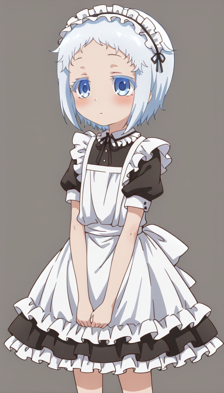 <lora:shiodome_hakua>,shiodome hakua,blue eyes,maid,maid headdress,simple background,