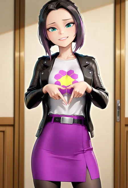 masterpiece, good quality, best quality, dynamic view, original style, screencap, TDPstyle
Zoe, blue eyes, black hair, purple tips, black leather jacket, white shirt, star shirt, purple skirt, black leggings, medium breast,
(solo, seducing, sexy pose, dynamic pose, looking at viewer, aroused, cowboy shot)