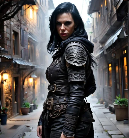 RAW photo, (masterpiece:1.3), subsurface scattering, heavy shadow, (high quality:1.4), (intricate, high detail:1.2), professional photography, HDR, High Dynamic Range, realistic, ultra realistic, photorealistic, high resolution, film photography, ambient lighting, atmospheric effects, <lora:detail_slider_v4:2>, OverallDetail, Piper, <lora:Piper:1>, as a thief and assassin, dark clothes, leather, armor, FaRo, <lora:FantasyRogues:0.8>, in a ((dark)) alley at night, <lora:zoom_slider_v1:-2.5>, dynamic pose, epiCPhoto