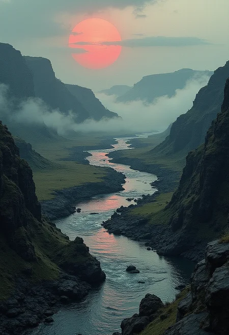 Immerse yourself in a breathtaking landscape bathed in mysterious shadows, where an enigmatic sun casts ominous light upon the rich hues of rusty reds, ebony browns, and somber charcoal grays. A serpentine river winds its way through this desolate terrain, fed by misty waters that flow from an ancient volcanic crater nestled in the distance. Eerie mist blankets the land, obscuring intricate details and lending a haunting atmosphere to the scene. Subtle splashes of emerald moss decorate the worn rocks, contrasting against the muted color palette and drawing the viewer into this stark yet alluring world. The surreal beauty of this dusky scene captivates with its complexity, while the masterful interplay of shadows and highlights heightens the drama of this captivating tableau. ,<lora:flux/fav/ck-charcoal-drawing-000014.safetensors:1.0:1.0>