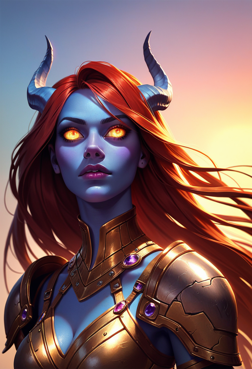 score_9, score_8_up, score_7_up, from front, 1girl, (tiefling), armor, shoulderpads, (blue skin:1.2), (long hair), (straight hair), (mysterious), detailed eyes, human ears
 <lora:3Danimation_Disney_65-45_fp16:1>