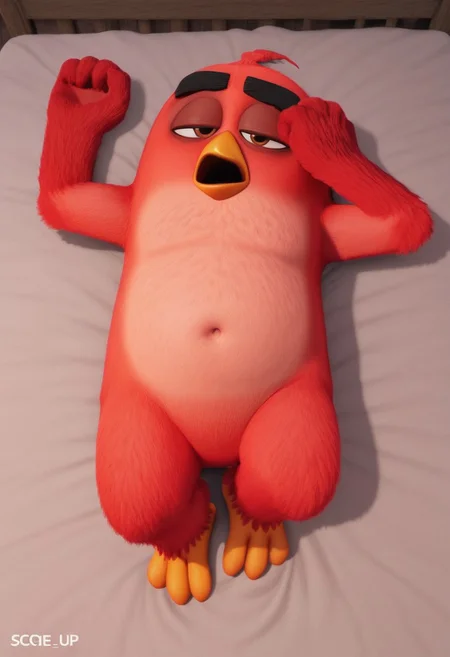 score_9, score_8_up, score_7_up, score_6_up, perfect limbs, detailed image, detailed eyes, perfect beak, perfect eyes, Masterpiece, High quality, Red_angry_birds, lying, half closed eyes, tired, open mouth, Belly, Full body, 3d, (((full body))), Red fur, tongue, lying on bed,((( lying on his side)))