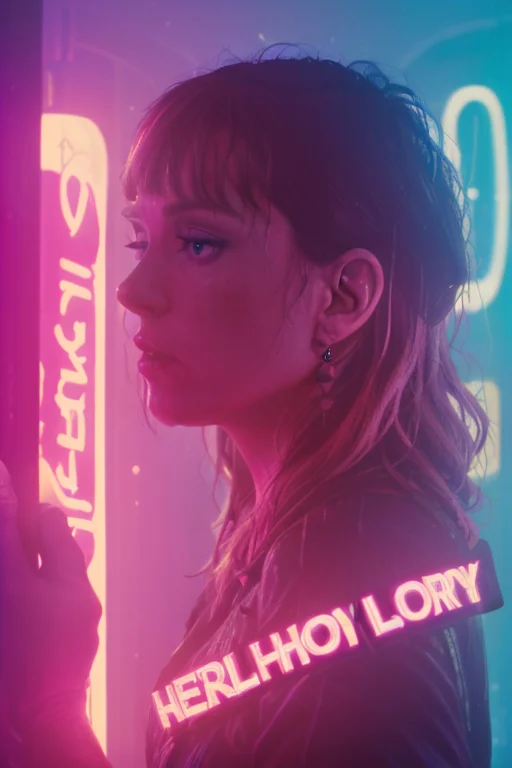 moviestill, a closeup of a woman in a neon room