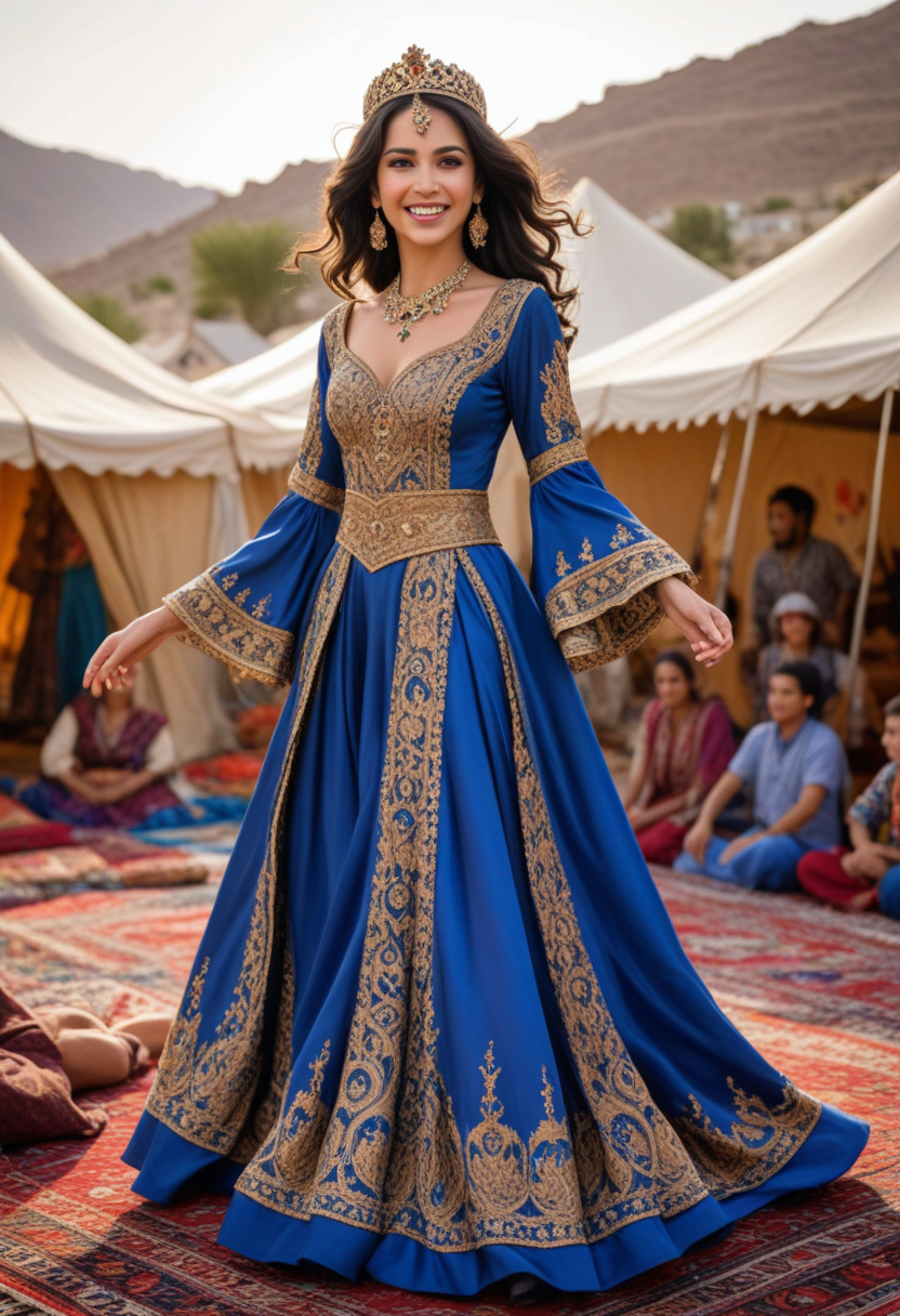 (medium full shot) of  (vivacious arabian princess) young woman, slender, black hair, wavy hair, brown eyes, tan skin, wearing Exquisite sapphire-blue silk gown adorned with golden embroidery, billowing sleeves, flowing skirt, jeweled bodice, beaded tiara with intricate patterns, set in  Nomadic Gathering, Vibrant gathering of tents, colorful rugs, musicians playing lively tunes, the aroma of grilled meats and spices filling the air, the joyous laughter of children , laughing, jumping in the air, Masterpiece,best quality, photorealistic, amazing quality, very aesthetic, extremely detailed face,