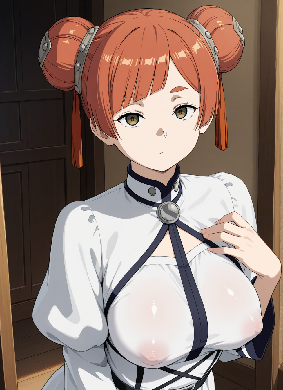 laufen, laufen (sousou no frieren), hair bun, double bun, orange hair, brown eyes, hair ornament, mature female, medium breasts, covered puffy nipples, white dress, indoors,, <BREAK> , masterpiece, amazing quality, best quality, ultra-detailed, 8K, illustration, CG, anime coloring, <segment:Anzhc Face seg 768MS v2 y8n.pt,0.4,1//cid=11>,