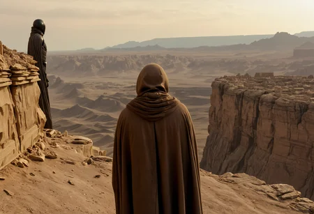 epic, cinematic shot, movie still from Dune movie showing priest (from behind), ((standing at the cliff edge)) wearing (torn long rag coat and hood:1.3) looking at (far horizon, rocky canyon, mountains, ruins:1.6), (futuristic technology:1.2), rubble, stone, (shiny metal statues, metal wires, ancient artifacts:1.5), (glass wood and metal elements covered in dust and dirt:1.3),  sand, very detailed, wide angle, absurd art,  (electronics, plasma:1.3), 
<lora:add-detail-xl:0.9>,
<lora:b3ks1n:0.55> b3ks1n,
<lora:JuggerCineXL2:0.8> Film Still, Cinematic, Cinematic Lighting,
<lora:Dune_Movie_Loha2:0.4> Dune, directed by Denis Villeneuve, cinematic, movie, futuristic, sci-fi,
<lora:xl-shanbailing-1003fire:0.5> fire element,