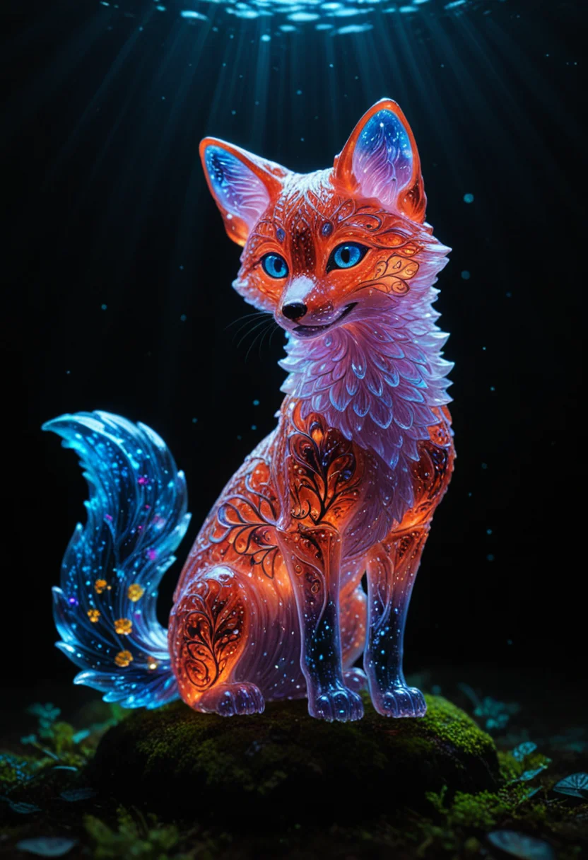 A hyper-realistic digital artwork of a delicate and transparent vermilion crystal glass sculpture of a baby fox filled with bioluminescent flowers, artistic, sparkling dynamic colors, glitter, luminous opalescent, insanely detailed beautiful fox crystallized, meticulously detailed filigree fox, hypermaximalist bioluminescent glowing fox, shimmering, sparkling, extreme contrast and saturation, underwater particles, magical fantasy artwork, ultra high quality, embedding:advntr zavy-cnmtc zavy-rmlght low-key<lora:Image Upgrader-v0.1> <lora:zavy-cnmtc-sdxl><lora:zavy-cntrst-sdxl><lora:zavy-rmlght-sdxl><lora:vanta-black_contrast_V3.0>