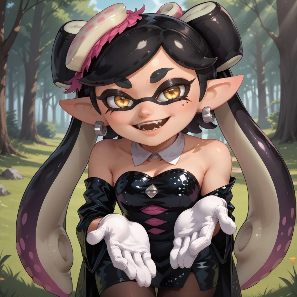 score_9, score_8, BREAK, solo, Callie_(Splatoon), 1girl, solo, black hair, long hair, mole, mole under eye, pointy ears, long hair, yellow eyes, tentacle hair, breasts, parted lips, white gloves, cleavage, bare shoulders, jewelry, purple hair, pantyhose, earrings, detached collar, +_+, self portrait, smile, looking at viewer, outdoors, sunlight, shadows, evening lighting, natural lighting, forest, trees, grass, orange sky, sunset