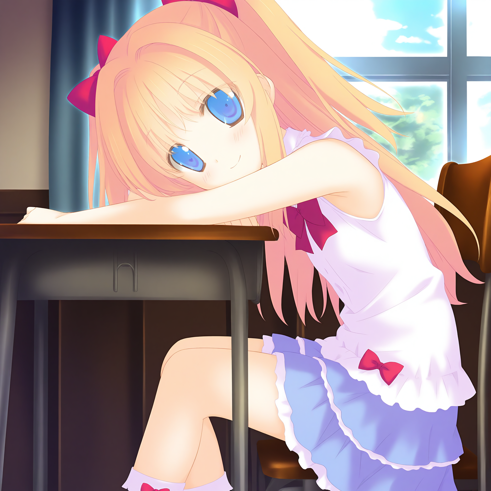 <lora:Nikaidou_Sora_1_illu-000028:1>,Nikaidou Sora,two side up,
hair bow,red bow,red bowtie,blue skirt,miniskirt,white shirt,sleeveless shirt,collared shirt,frilled collar,white frills,frilled skirt,socks,
1girl,solo,looking at viewer,sitting,from side,on chair,desk,indoors,window,curtains,day,arm on table,head on table,smile,
