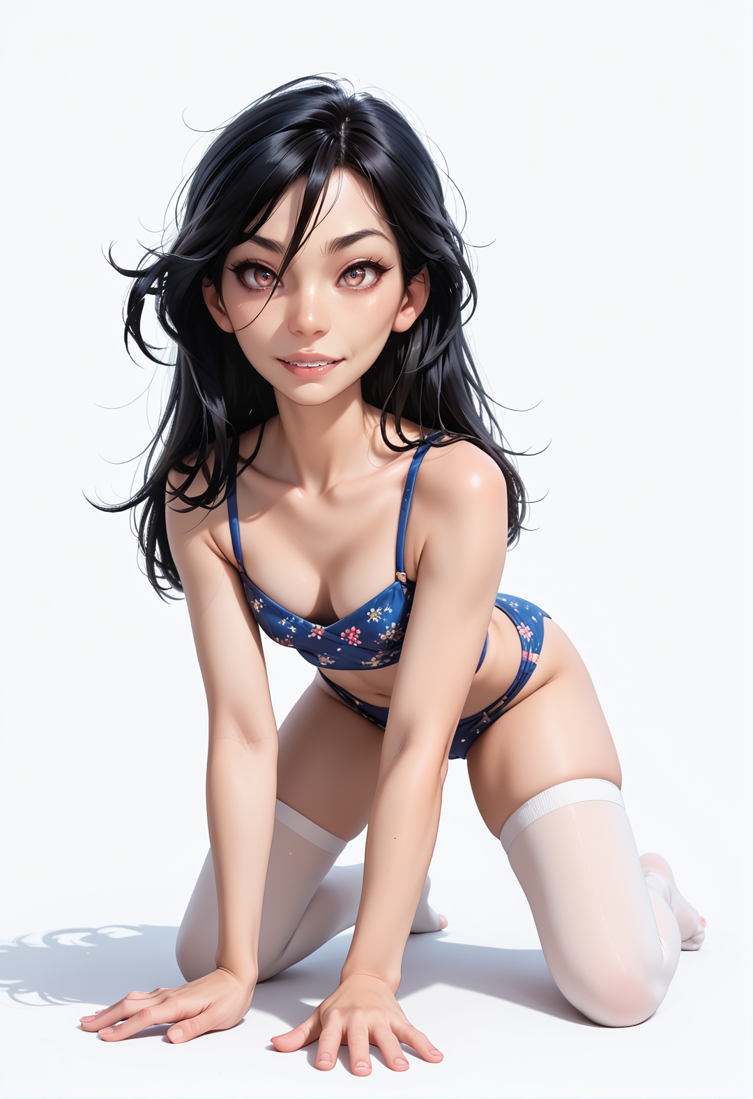 br4c3f4c3, l br4c3f4c3, <lora:princess_rc_pony_v2:0.75> Mulan petite 21 year-old thigh high, all fours, hair over one eye, messy hair 445l34z3, 445l34z3mult1, 445l34z3r0id thighhighs, <lora:AA_Ads_Only-000008:.6> simple background,, ((score_9), score_8_up, score_7_up),score_6_up,score_4_up,score_5_up
