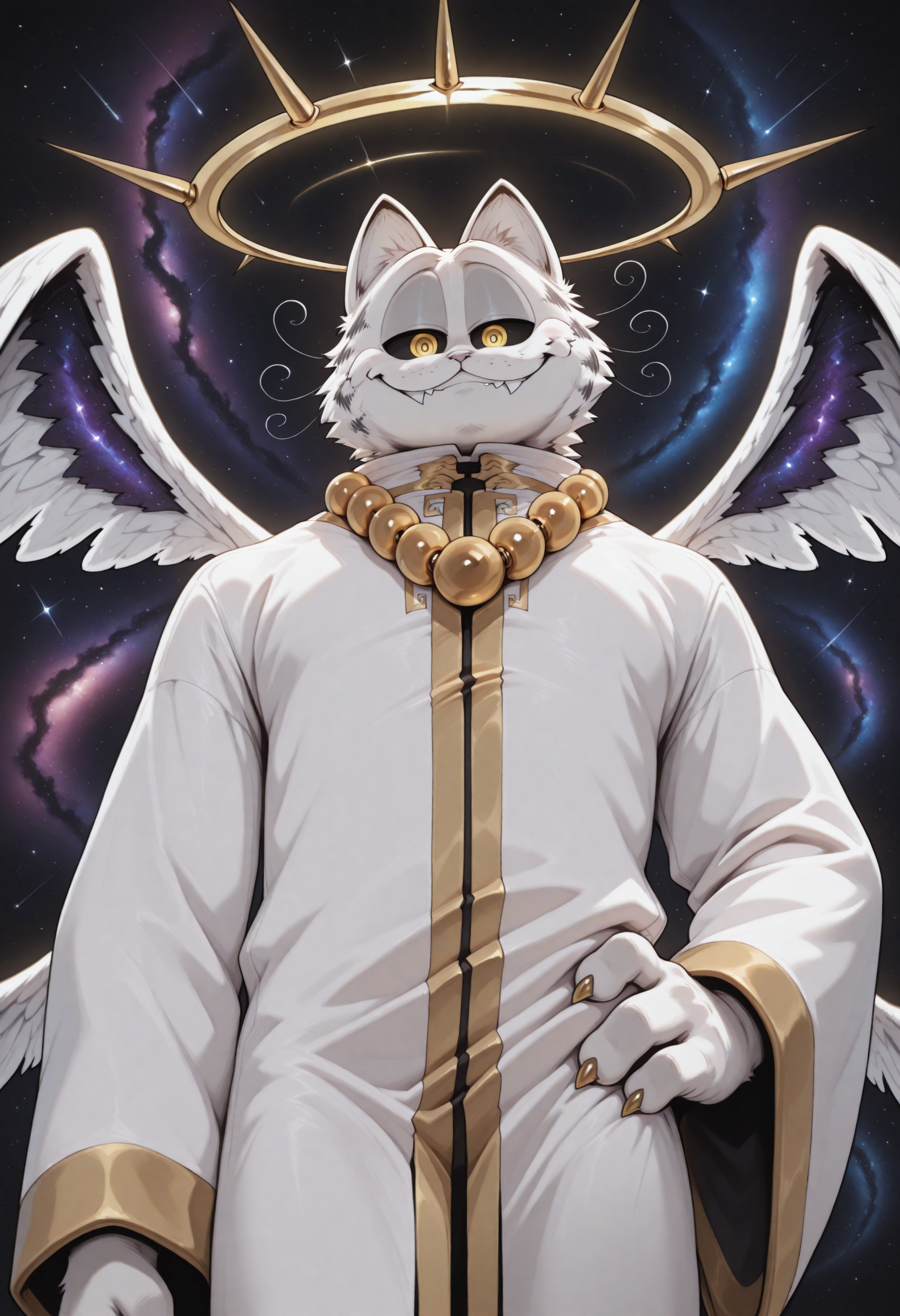 <lora:godfield_v3_Illustrious_Mlaofmd-10:1.0>, masterpiece, best quality, newest, absurdres, highres, perfect anatomy, 1boy, godfield, halo, white fur, facial tuft, cat ears, black sclera, yellow eyes, whiskers, wings, seraph, white wings, robe, white robe, cross, prayer beads, beads, beads necklace, smile, fangs, hand on hip, head tilt, looking at viewer, galaxy, starry, space,