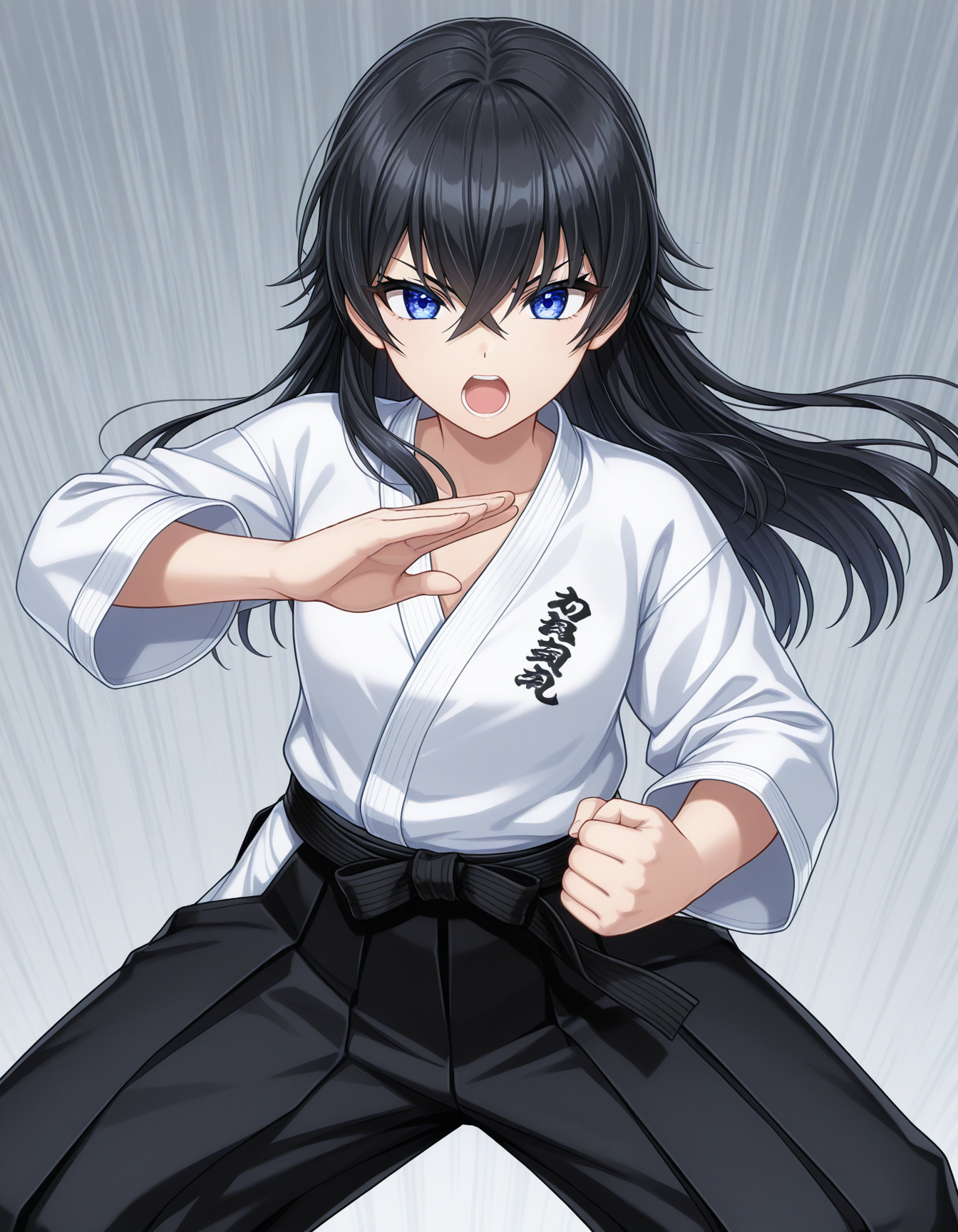 1girl, solo, hagane otsuki, black hair, long hair, hair between eyes, blue eyes, open mouth, Otsuki_Dougi, dougi, long sleeves, black pants, hakama pants, fighting stance, standing, straight on, dynamic, light theme <lora:hagane_otsuki_ilxl_v1:0.7>