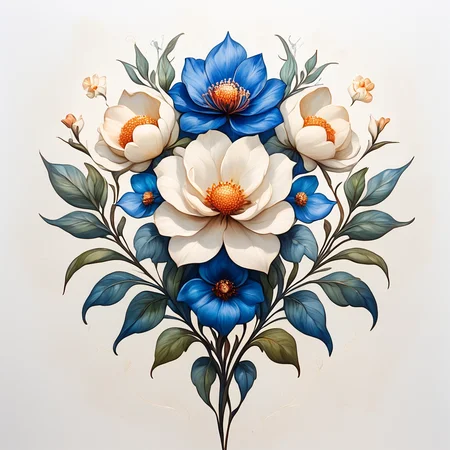 Score_9, score_8_up, score_7_up, score_6_up, BREAK <lora:ArtNouveau2Pony:1> ArsMJStyle, art nouveau,, The image shows a painting of a flower mandala on a white background created by artist Sarah B., flower, still life, no humans, leaf, white background, simple background, round image, blue flower, white flower, peony (flower)
