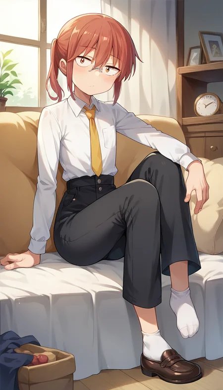 score_9, score_8_up, score_7_up, source_anime, masterpiece, 1girl, ctiankobayashi, flat chest, sitting, dress shirt, black pants, socks, yellow necktie, indoors, looking at viewer, <lora:kobayashiPONYct:0.8>