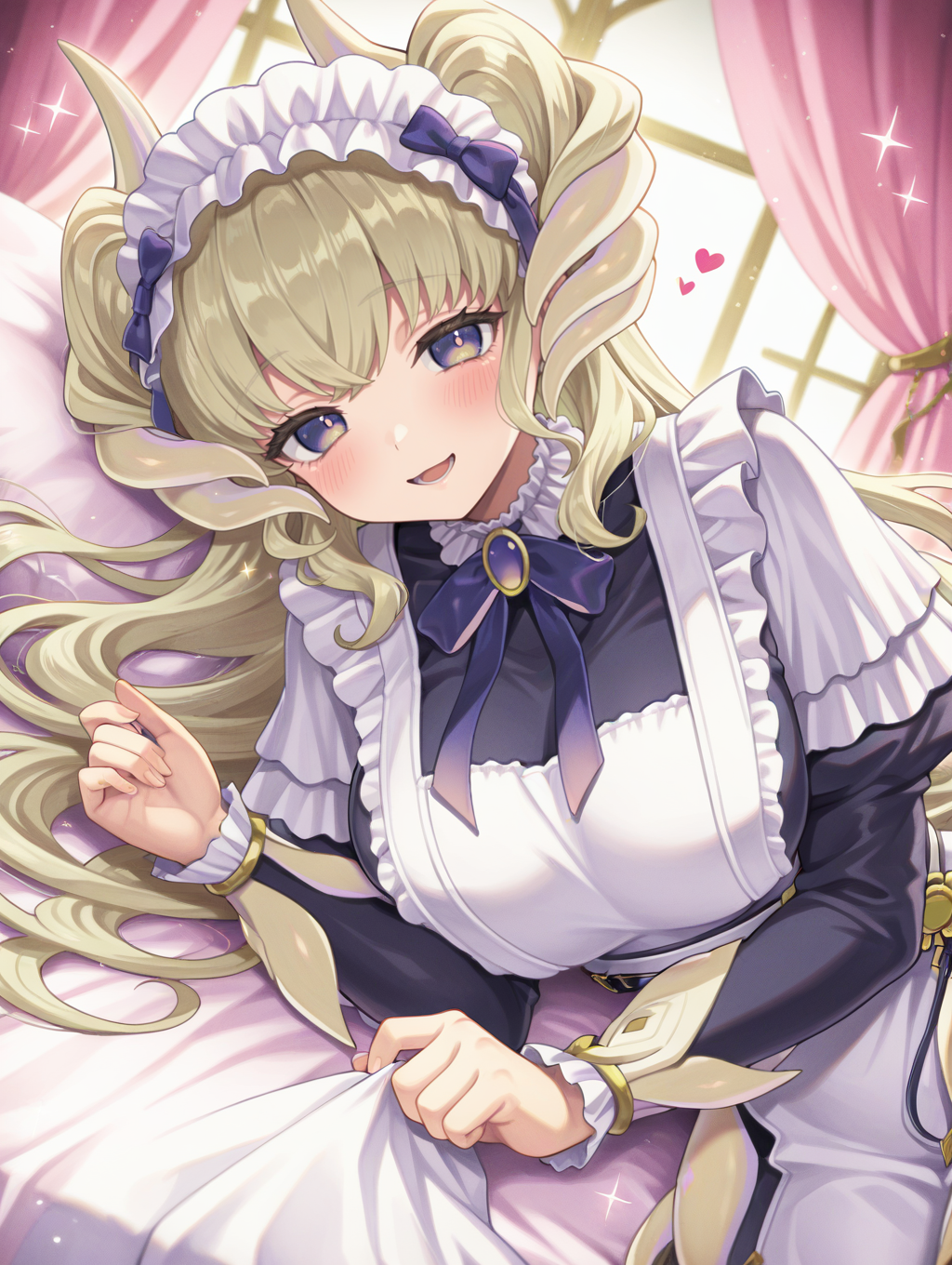 dragonmaid latys,1girl,solo,smile,looking at viewer,heart,sparkle,blush,upper body,,white apron,large breasts,blue maid dress,blue bow hairband,dragon girl,sparkle,dressing room,on bed,lying,open mouth, on side
masterpiece,best quality,amazing quality,very aesthetic,absurdres,newest,<lora:Dragonmaid latys illuXL v1:0.77>,