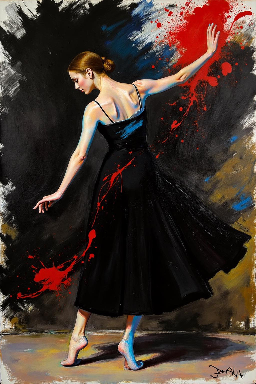 jem1 painting.
A surreal painting of a graceful female dancer in a dynamic pose, wearing a minimalist black outfit. Her body is illuminated with a blend of blue and warm tones, contrasting against a chaotic and abstract background of bold, sweeping strokes in black, white, and deep red. Red splatters and sharp, curving lines add energy and tension to the composition, creating a balance between elegance and raw, expressive movement. The overall mood is vibrant and dramatic, with an emphasis on fluidity and strength. <lora:jem1_cap_d6a3:1.0><lora:822878307851729076:0>