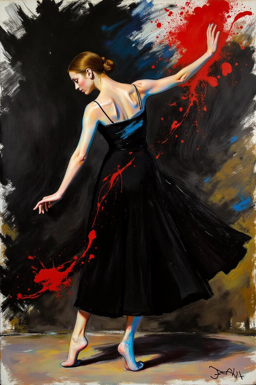 jem1 painting.
A surreal painting of a graceful female dancer in a dynamic pose, wearing a minimalist black outfit. Her body is illuminated with a blend of blue and warm tones, contrasting against a chaotic and abstract background of bold, sweeping strokes in black, white, and deep red. Red splatters and sharp, curving lines add energy and tension to the composition, creating a balance between elegance and raw, expressive movement. The overall mood is vibrant and dramatic, with an emphasis on fluidity and strength. <lora:jem1_cap_d6a3:1.0><lora:822878307851729076:0>