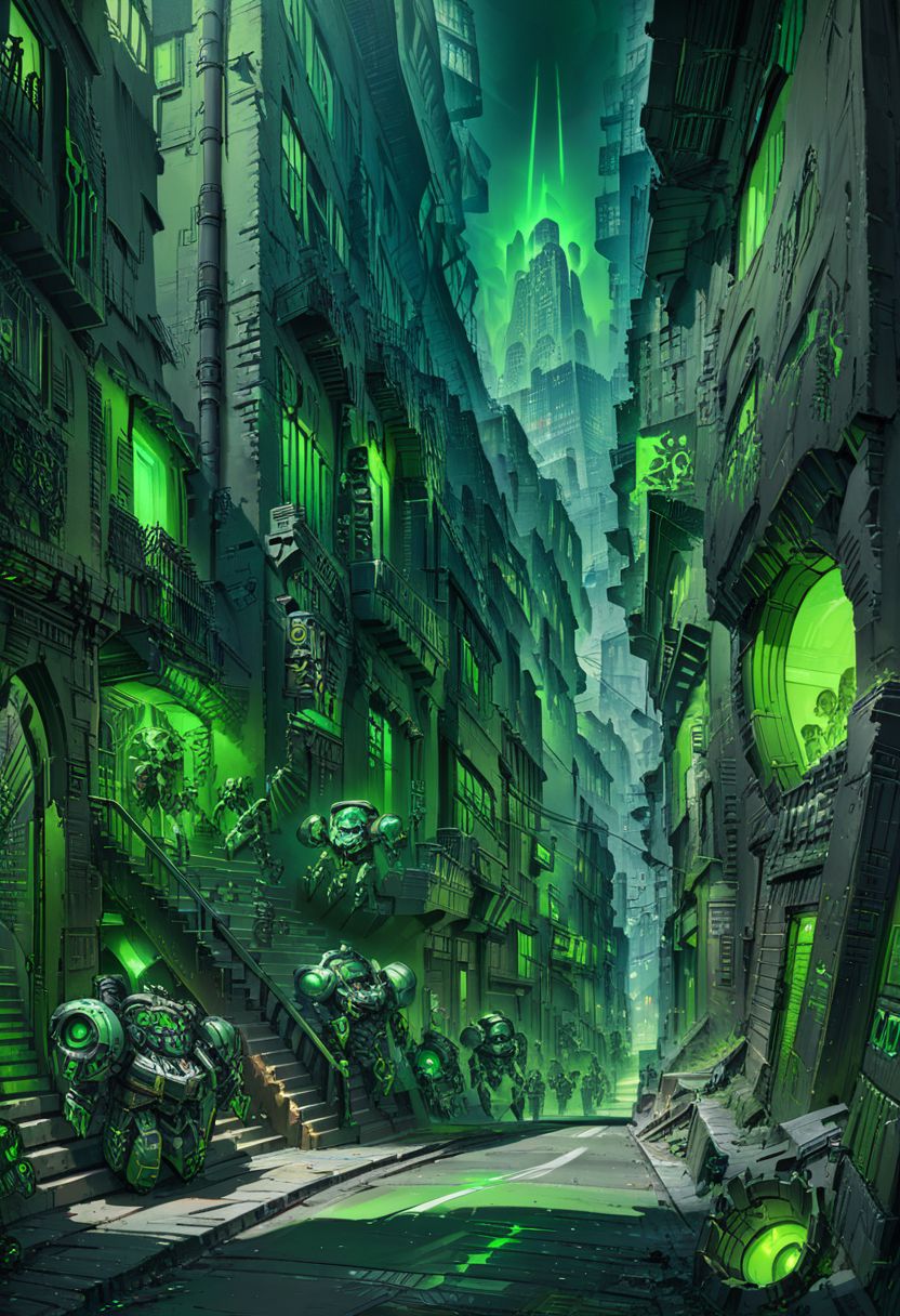 ((masterpiece,best quality)),
Necron, 
Necron, city, street view, stairs, floating robot, street, green glow, green theme