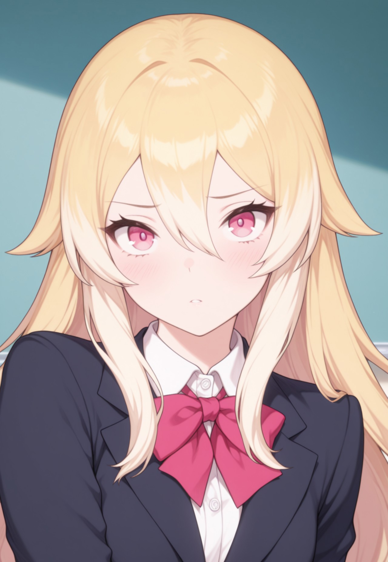 (masterpiece, best quality, amazing quality, very aesthetic, absurdres, newest), flat color, 1girl, solo, looking at viewer, simple backgroun, liatris, blonde hair, long hair, pink eyes, hair between eyes, school uniform,
