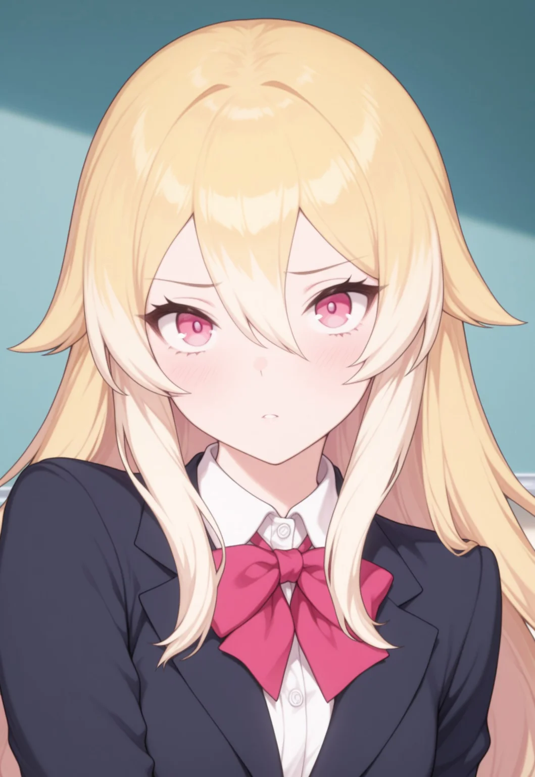 (masterpiece, best quality, amazing quality, very aesthetic, absurdres, newest), flat color, 1girl, solo, looking at viewer, simple backgroun, liatris, blonde hair, long hair, pink eyes, hair between eyes, school uniform,