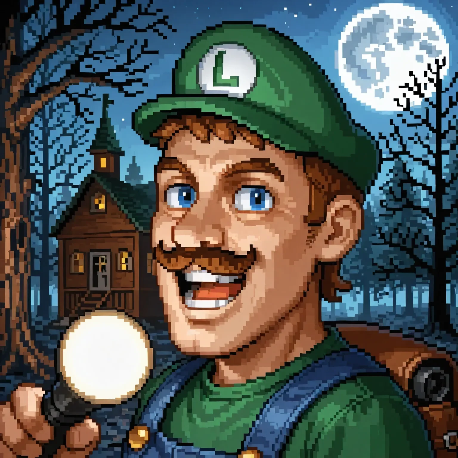 (heroes2, pixel art:1.3), from front, looking at viewer, face focus, head shot, outdoors, solo, from side,
1boy, male, grin, open mouth, detailed face, ugly face, ugly, blue overalls, green shirt, luigi, moustache, blue eyes, short hair, green cap, overalls, mature, haunted mansion, victorian mansion, ghosts, spooky, forest, dead trees, night, moon, holding flashlight, brown hair, vacuum on back, backpack, house, victorian,
<lora:HoMM_v8NoobBs975:0.8>, <lora:NecoArc-Illu:0.6>