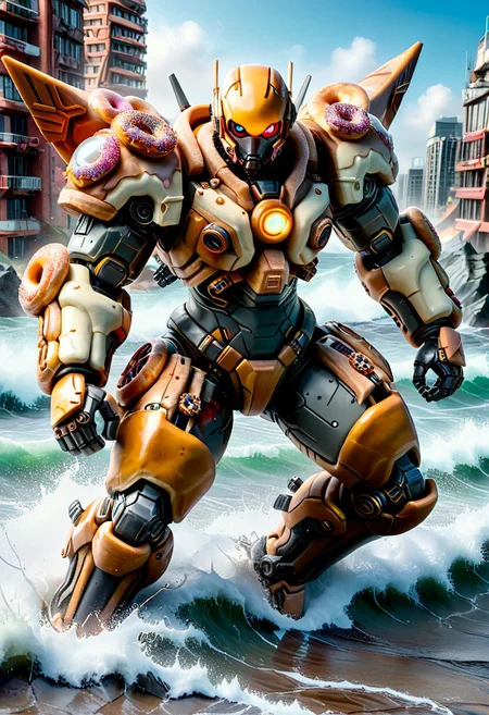 d0nu71f13d, made of doughnuts, Heavy Mech, Cyborg, Robot, Power Armor, Tactical, Advanced Gear, Power Suit, Exoskeleton, Advanced Gear, Futuristic, action shot, easynegative, ninja mech running away from a massive tsunami wave of coffee, mech running through a city, surrounded my donut building, a tsunami wave towering in background, tsunami wave of coffee,