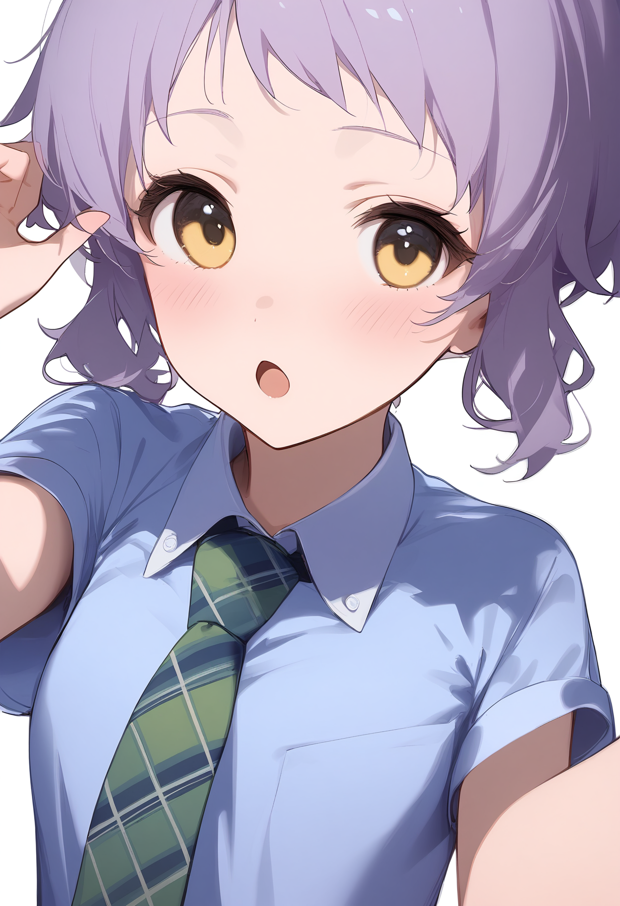 1girl,hands up,looking at viewer,makabe mizuki,open mouth,simple background,solo,upper body,white background,o,blue shirt,blush,dot nose,green necktie,short sleeves,wing collar,collared shirt,flat chest,white shirt,checkered necktie,<lora:a31_char_new_makabe_mizuki-000014:1>masterpiece, best quality, absurdres<lora:a31_style_koni-000010:0.8>