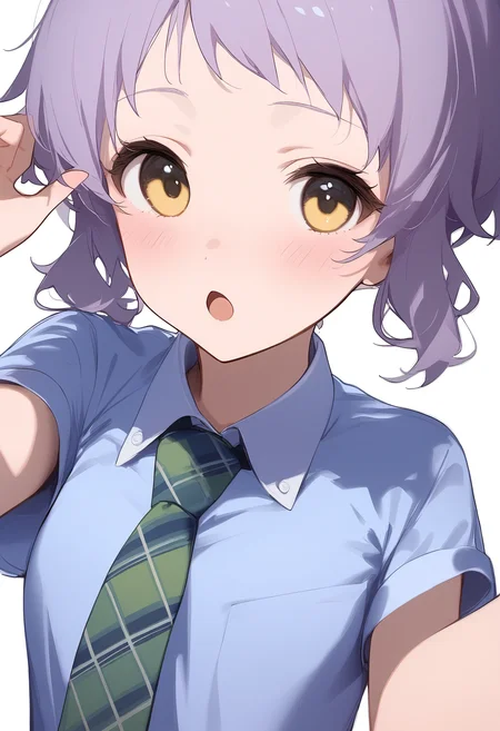 1girl,hands up,looking at viewer,makabe mizuki,open mouth,simple background,solo,upper body,white background,o,blue shirt,blush,dot nose,green necktie,short sleeves,wing collar,collared shirt,flat chest,white shirt,checkered necktie,<lora:a31_char_new_makabe_mizuki-000014:1>masterpiece, best quality, absurdres<lora:a31_style_koni-000010:0.8>