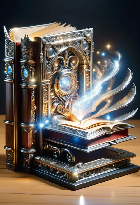 hyper detailed masterpiece, dynamic, awesome quality, DonMSt33lM4g1cXL miniature book book, dust jacket, wood, reading lights, made of steel, shiny <lora:DonMSt33lM4g1cXL-v1.1-000008:1>