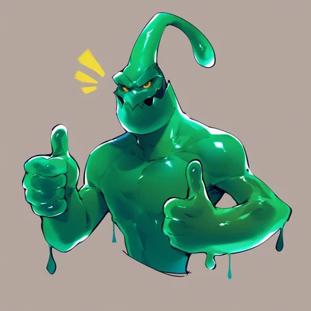 score_7_up, score_8_up, solo male, zac, slime boy, translucent body, green slime body, yellow eyes, thumbs up, upper body, simple background,