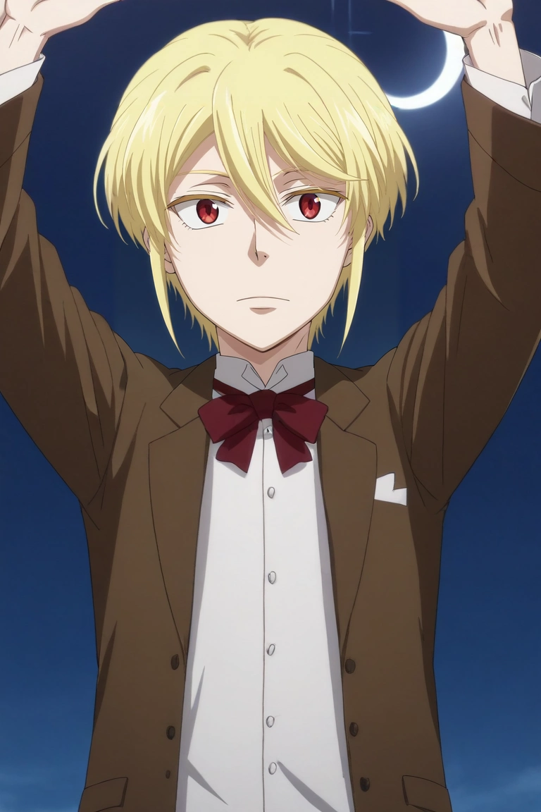 score_9, score_8_up, score_7_up, source_anime, rating_safe, intricate details, anime screencap, , official style, looking at viewer, , 1boy, solo, male focus, <lora:william_james_moriarty_pony:0.94>, william_james_moriarty, blonde hair, red eyes, short hair, , , aged down, from below, fuji mountain, night, crescent moon, spread arms, distracted, aloof, oblivious, , <lora:sdxl_lightning_8step_lora:1>