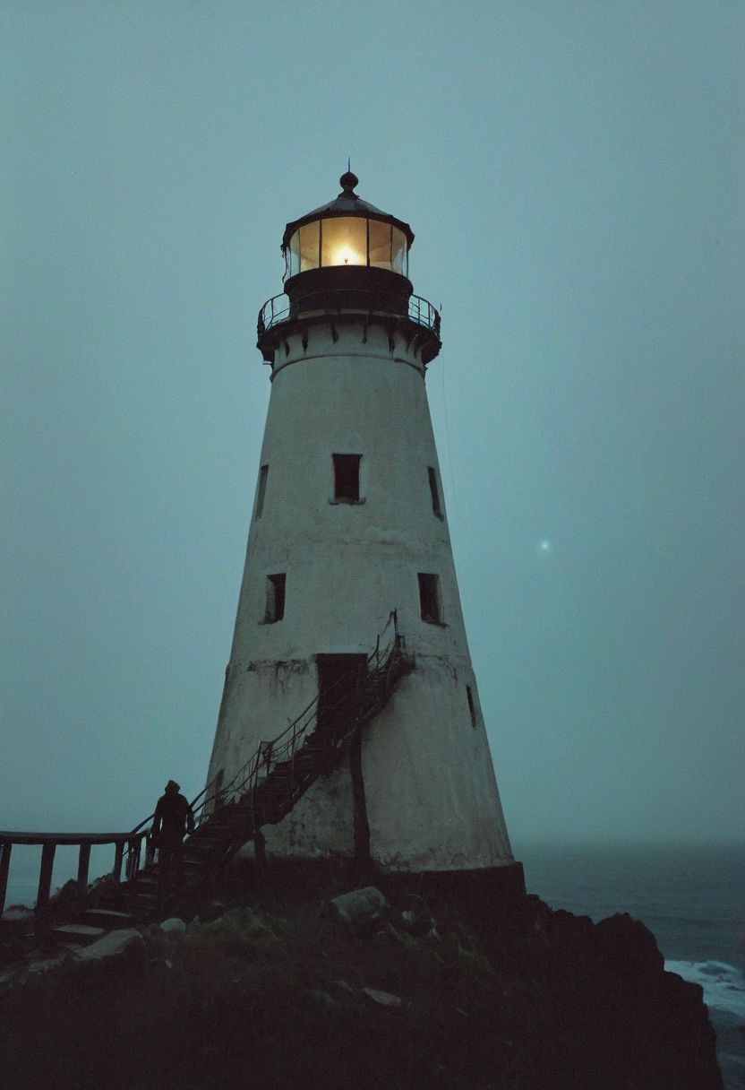 soaked_brand_pfeffi_KB, In a grainy, handheld video, a lone explorer investigates an old, decrepit lighthouse on a foggy night. As he ascends the spiral staircase, strange whispers and ghostly moans fill the air. At the top, he encounters a monstrous, ethereal being with tentacles and multiple glowing eyes. The footage is chaotic and filled with static, capturing the explorer's terror and the creature's unearthly presence.