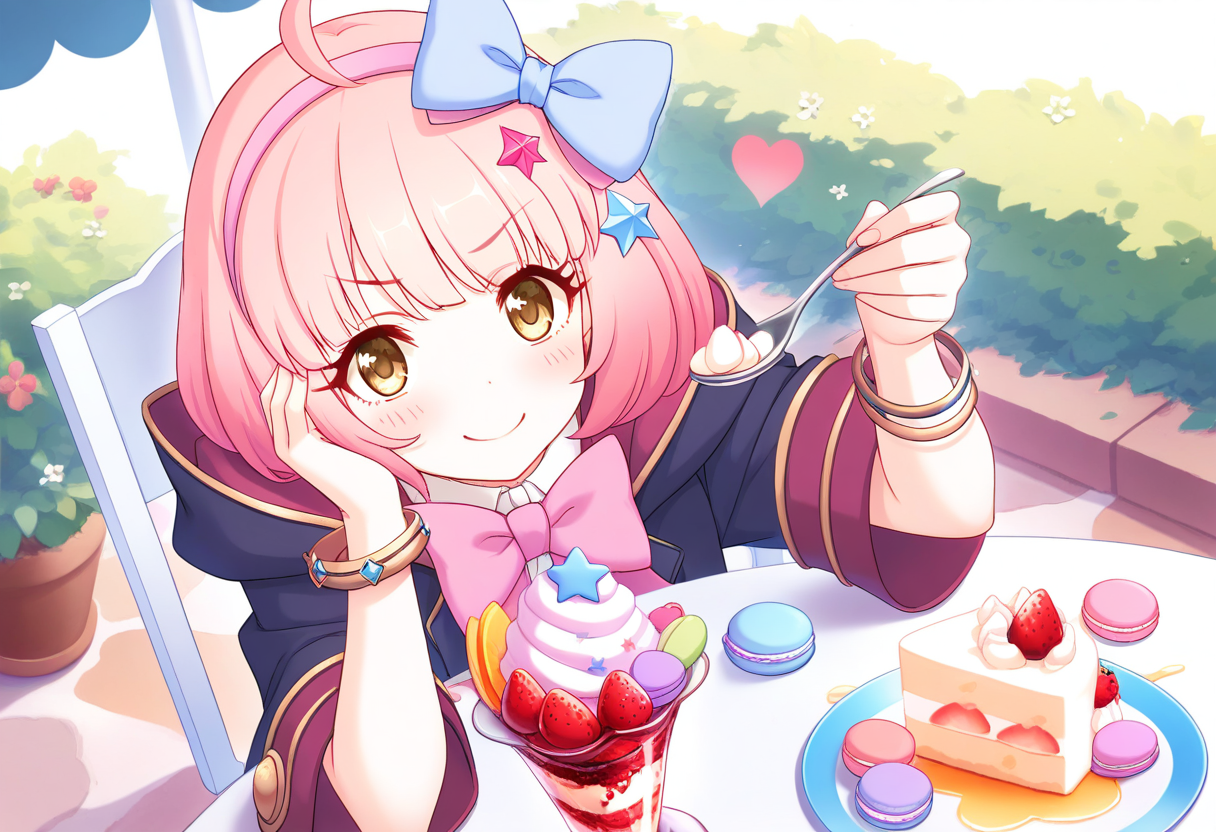 (masterpiece,best quality,ultra_detailed,highres,absurdres:1.2,amazing quality,very aesthetic),<lora:chieru _ilxl_v1-000012:0.8>,chieru \(princess_connect!\), 1girl, st. theresa's girls academy school uniform, star in eye, star \(symbol\), pink hair, star hair ornament, symbol in eye, smile, food, spoon, hairband, bow, solo, short hair, school uniform, bow hairband, ahoge, hair ornament, hooded coat, yellow eyes, holding spoon, strawberry, jewelry, heart, blush, cake, bracelet, chair, fruit, looking at viewer, black coat, coat, fork, hand on own face, parfait, blue bow, holding, hood, hand on own cheek, ice cream, cake slice, macaron, hair bow, pink hairband, closed mouth, bowtie, table