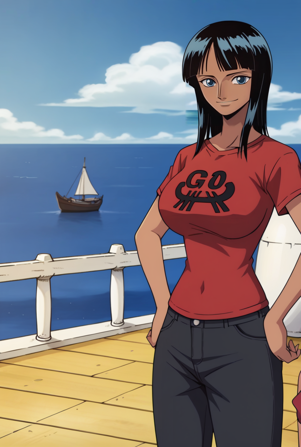 score_9, score_8_up, source_anime,  BREAK solo, 1girl, cowboy shot, looking at viewer,
<lora:NicoRobinAIOptwoPdxlDwnsty-000007:0.8>, postenie, blue eyes, black hair, medium hair, blunt bangs, dark-skinned female, t-shirt, red shirt, print, short sleeves, jeans, pants,
large breasts, smile, hands on own hips, 
outdoors, blue sky, ocean, ship, clouds,