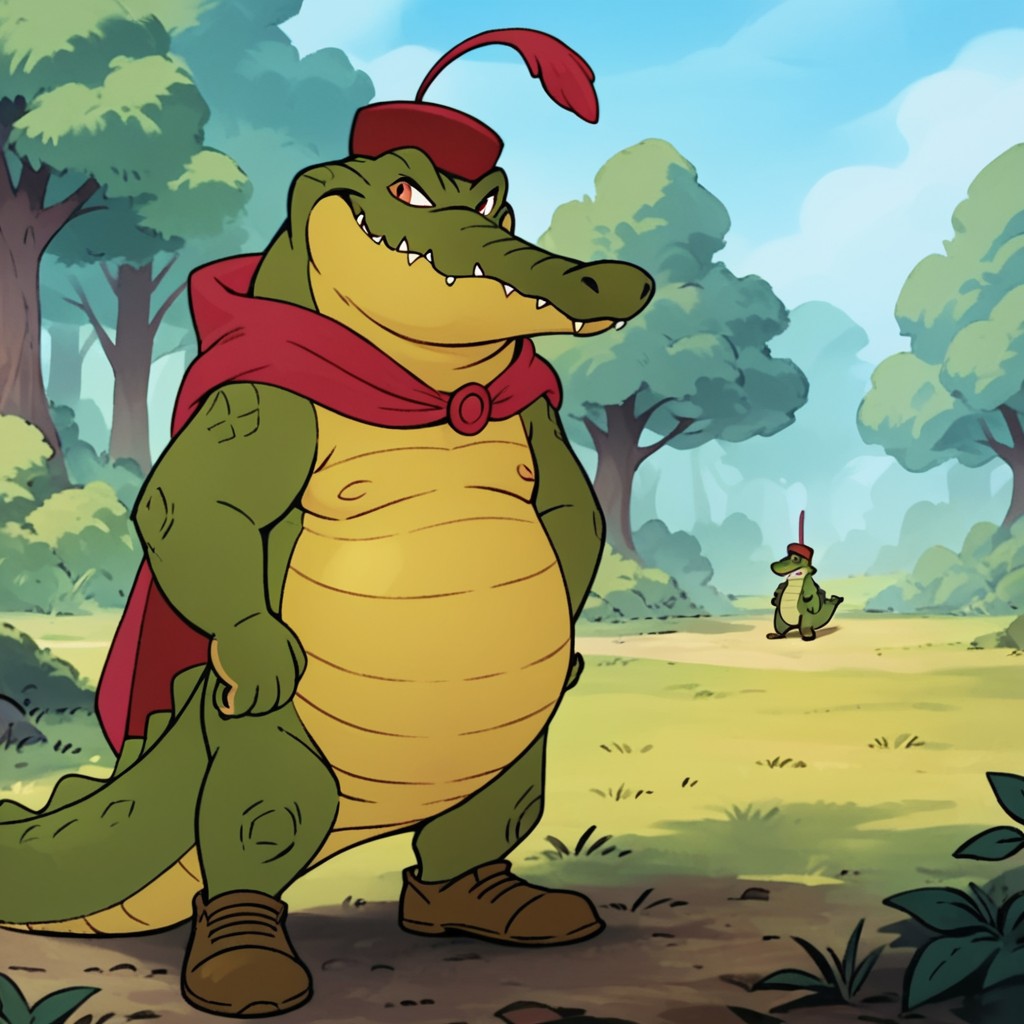 score_9, score_8_up, score_7_up, score_6_up, score_5_up, score_4_up, source_furry, CapCrocRH, semi-anthro, male, Crocodile, green skin, red cape, red hat, brown shoes, standing, in forest,, <lora:e54a9f3e-bb69-448e-be2d-fccbc155016d:0.7>