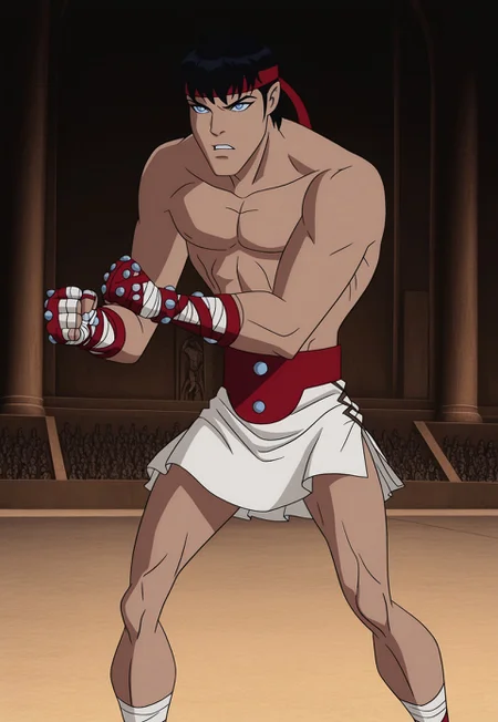 masterpiece, best quality, amazing quality, 1boy, dcaustyle, cestanim,  red headband, short black hair, bangs, blue eyes, cestus, bandaged hands, studded knuckles, red belt with three studs, plain white kilt, red sandals, slender frame, toned body, bandaged ankles, art deco ancient arena, arena background, retro artstyle, action pose