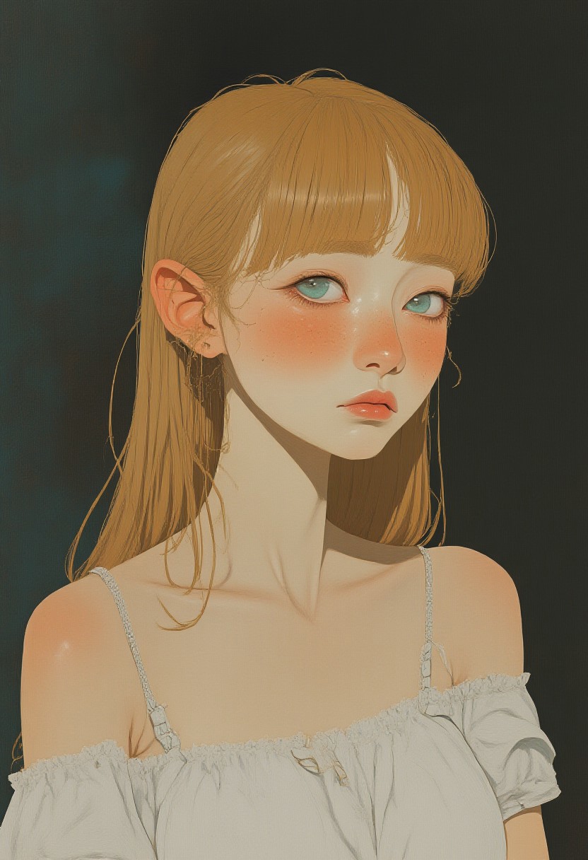 A Chinese southern american pixie style young woman, she just got home from a long work day and is tired and a bit sad. She has long, straight thick blonde hair with bangs that partially cover her forehead. Her eyebrows are strong and thick, her mouth is closed and she looks away. Her skin is fair with freckles on her cheeks and nose, giving her a youthful appearance. She is wearing a very plain and simple, off-the-shoulder white top that exposes her shoulders and upper arms. the straps of her dress have slipped down. cool atmosphere, trailer trash style, punk attitude, (eyes open)