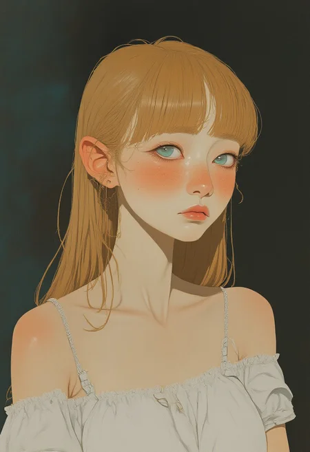 A Chinese southern american pixie style young woman, she just got home from a long work day and is tired and a bit sad. She has long, straight thick blonde hair with bangs that partially cover her forehead. Her eyebrows are strong and thick, her mouth is closed and she looks away. Her skin is fair with freckles on her cheeks and nose, giving her a youthful appearance. She is wearing a very plain and simple, off-the-shoulder white top that exposes her shoulders and upper arms. the straps of her dress have slipped down. cool atmosphere, trailer trash style, punk attitude, (eyes open)