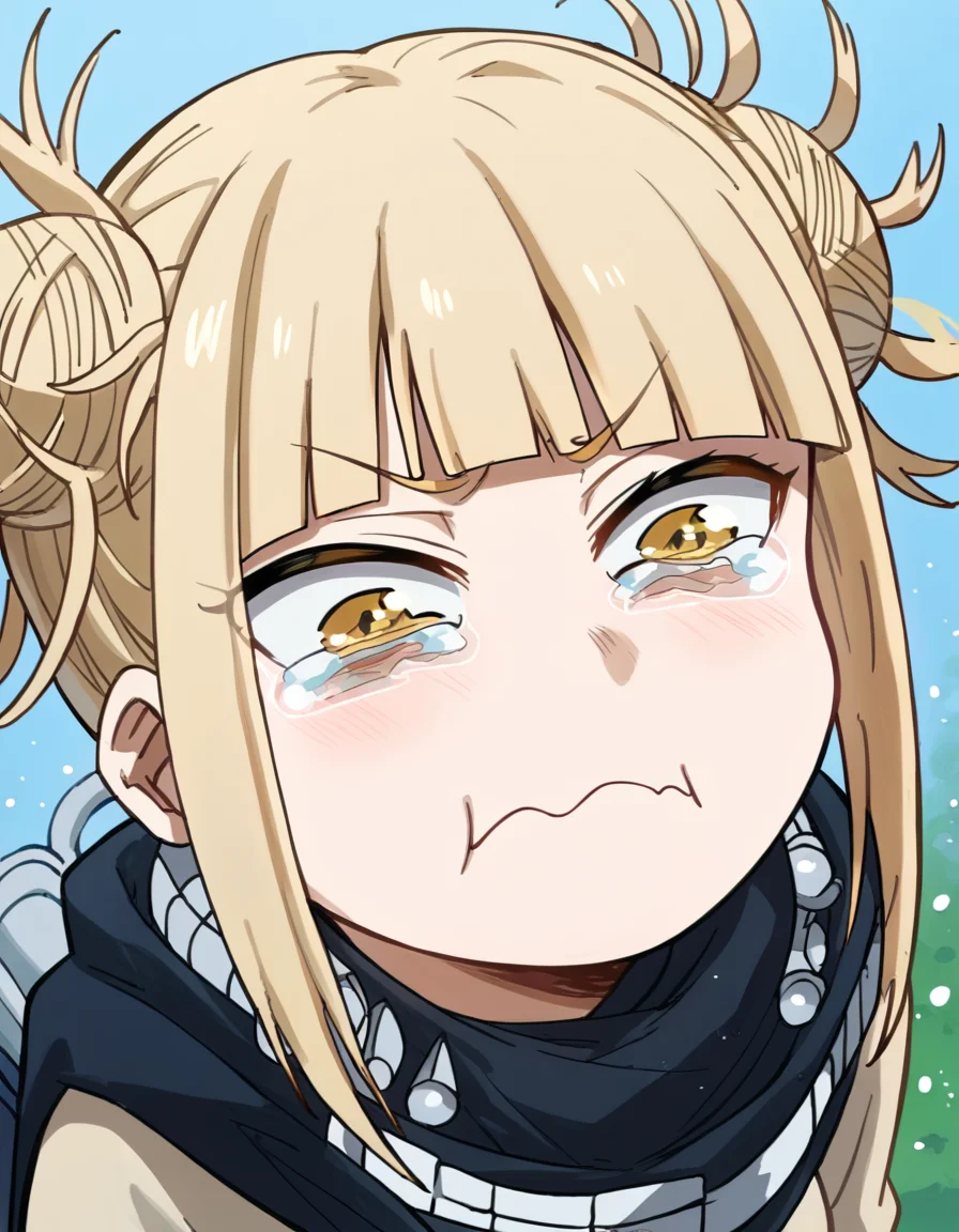 score_9, score_8_up, score_7_up, source_anime, <lora:himiko-toga-s5-ponyxl-lora-nochekaiser:1>, himiko toga, bangs, blonde hair, yellow eyes, blunt bangs, hair bun, double bun, messy hair, medium breasts, <lora:aqua-about-to-cry-ponyxl-lora-nochekaiser:1> crying aqua, crying aqua (meme), crying, tearing up, tears, wavy mouth,, ,