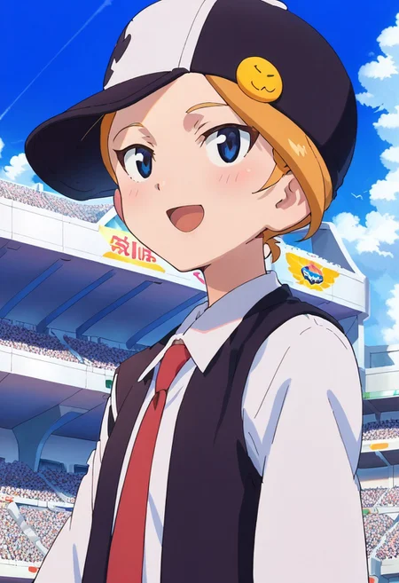 score_8, score_8_up, score_7_up, anime screenshot, source_anime, 1girl, female focus, solo, hat, sky, necktie, blue eyes, cloud, day, stadium, badge, smile, vest, open mouth, red necktie, baseball cap, looking at viewer, blush, indoors, shop,