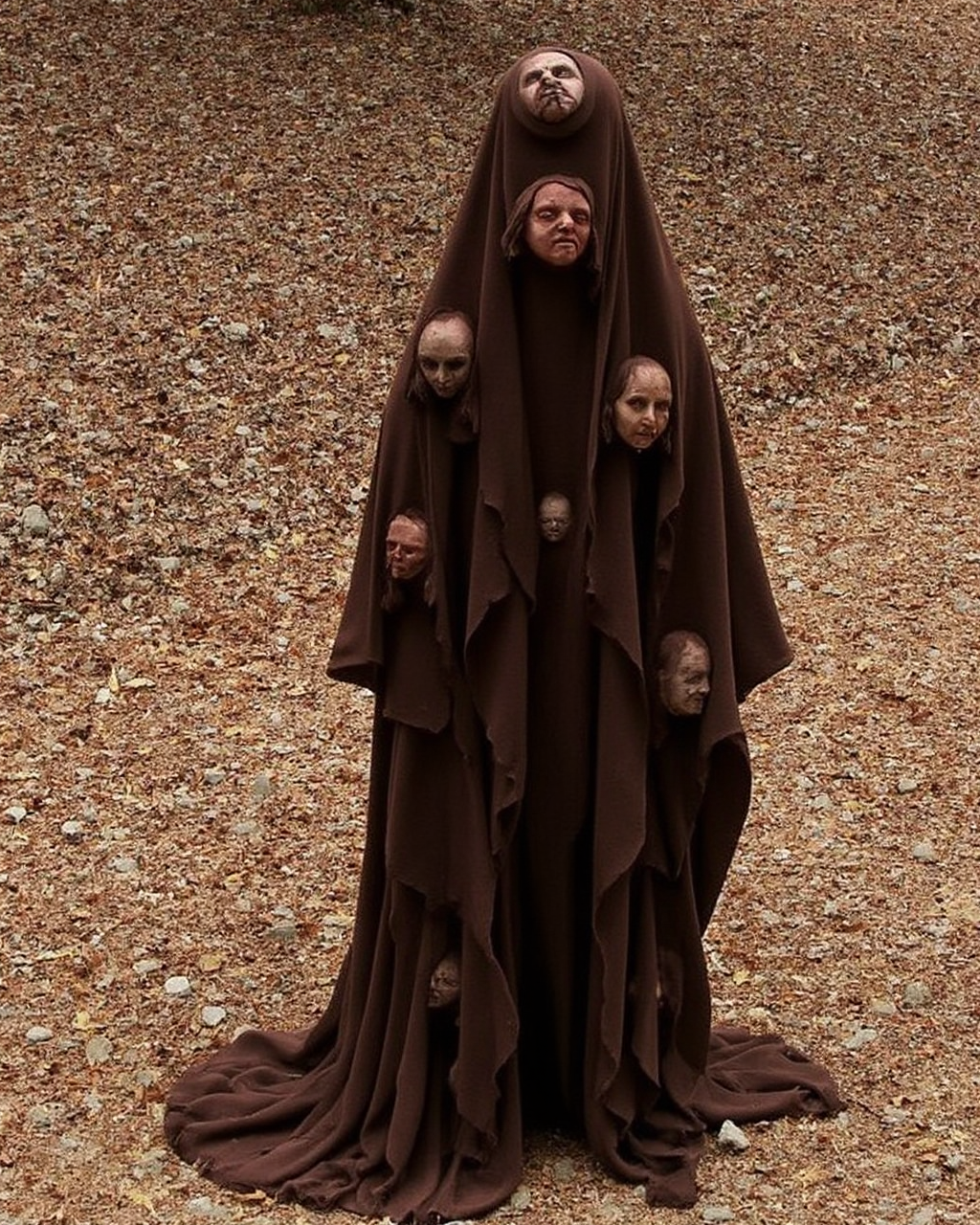 Kaos, The image is a photograph of a fantastical, elaborate costume or prop, displayed outdoors on a ground covered with dry leaves and small rocks. The costume is a long, dark brown robe or cloak with intricate, flowing textures. The garment appears to be made of a heavy, textured fabric, possibly wool or a blend, which drapes and billows around the wearer. 
The most striking feature of the costume is the numerous, haunting faces that emerge from the fabric, creating a surreal, ethereal effect. These faces, resembling ancient or mythical entities, are crafted from a mix of fabric and possibly some form of sculpted material, giving them a lifelike appearance.