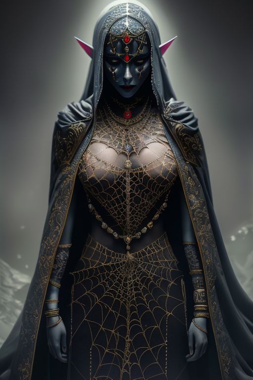 RAW photo, (masterpiece:1.3), subsurface scattering, heavy shadow, (high quality:1.4), (intricate, high detail:1.2), professional photography, HDR, High Dynamic Range, realistic, ultra realistic, photorealistic, high resolution, film photography, ambient lighting, atmospheric effects, <lora:detail_slider_v4:2>, OverallDetail, a female drow priestess, dark makeup, intricate robes and armor with spider web patterns, jewelry, cape, tiara, <lora:Drow:0.8>, epiCPhoto