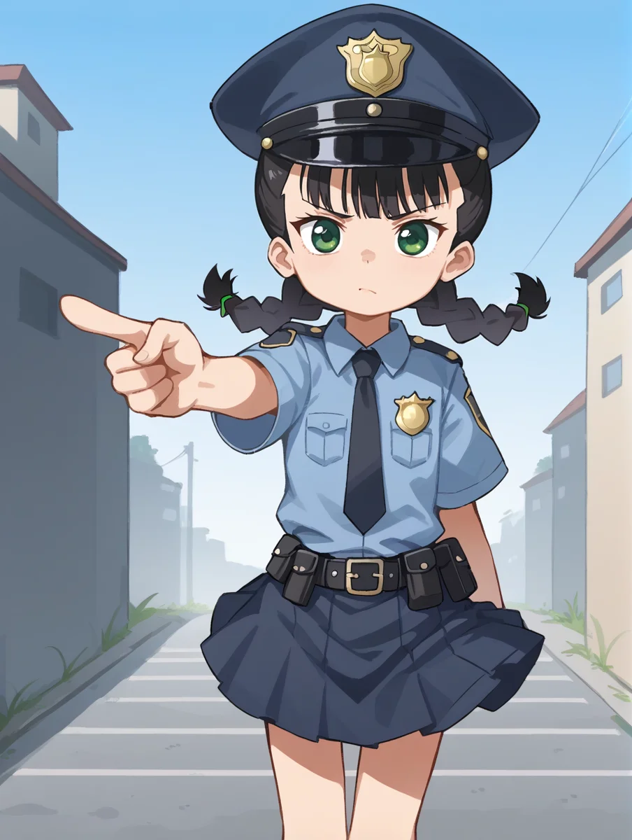 <lora:Expressive_H:1> <lora:1StS_PonyXL_Detail_Slider_v1.4_iteration_3:1>
<lora:1StS_age_slider_v1_initial_release2:-2>
<lora:Orenji_v3:1> orenji,
1girl, solo, cute, green eyes, black hair, twin braids, police uniform, skirt, hat, looking at viewer, serious face, pointing at viewer,